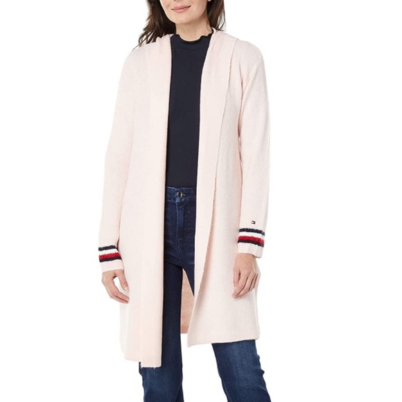 Pink Tommy Hilfiger Cardigan Long Hooded Knit Sweater Open Front Pullover Jacket - Picture 1 of 6